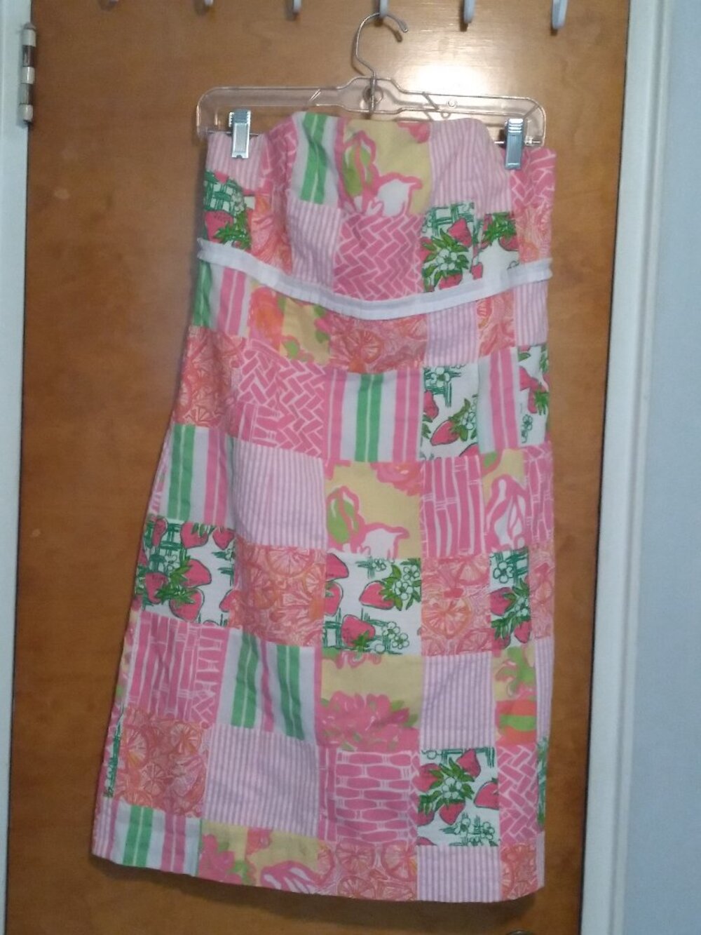 NWOT Lilly Pulitzer Bowen Strapless Patchwork Dress Pink Green Strawberries - 10